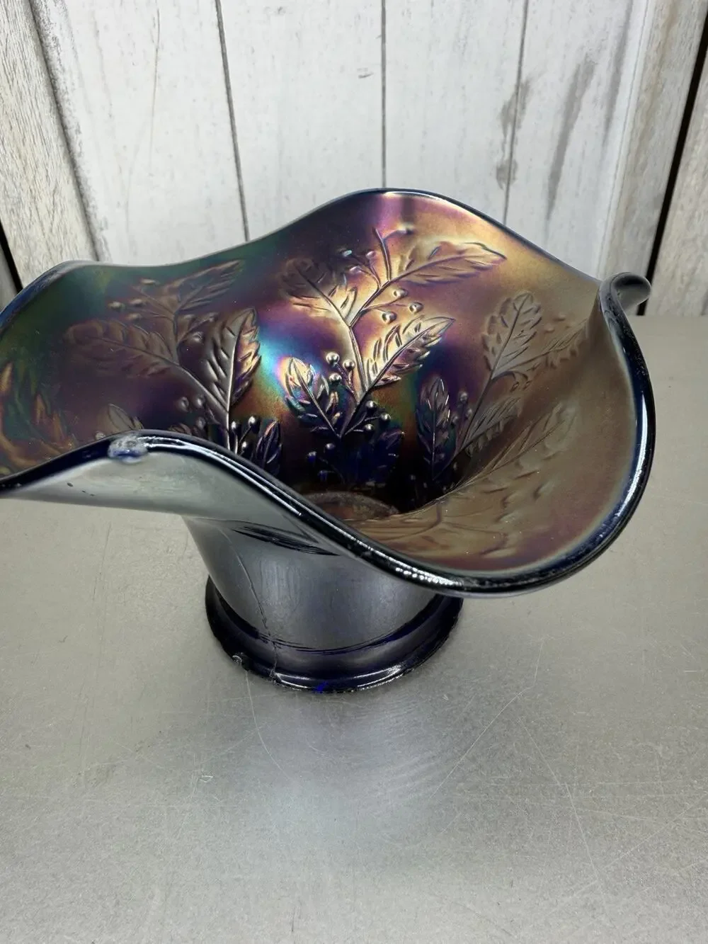 Vintage Fenton Hat Vase Bowl Cobalt Blue Carnival Glass Leaves & Berries